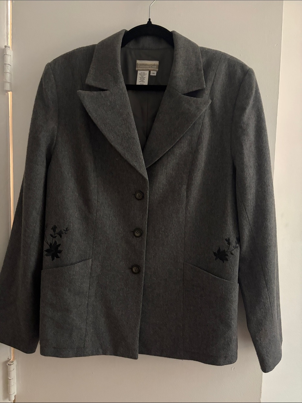 Coldwater Creek Charcoal Gray Embroidered Button-Front Blazer
